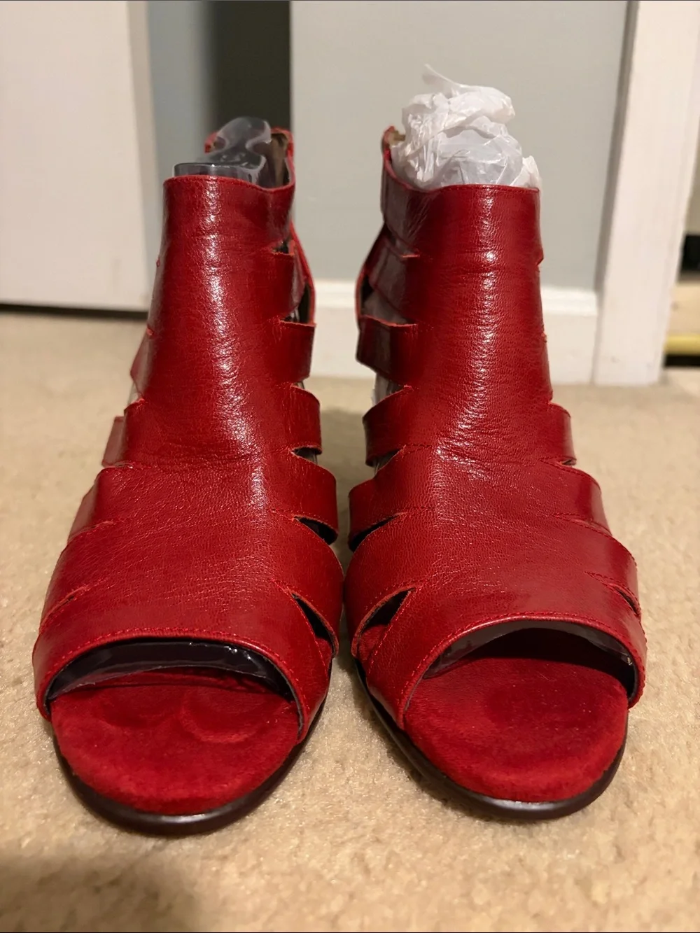 AEROSOLES Red Leather Peep-Toe Wedge Sandals